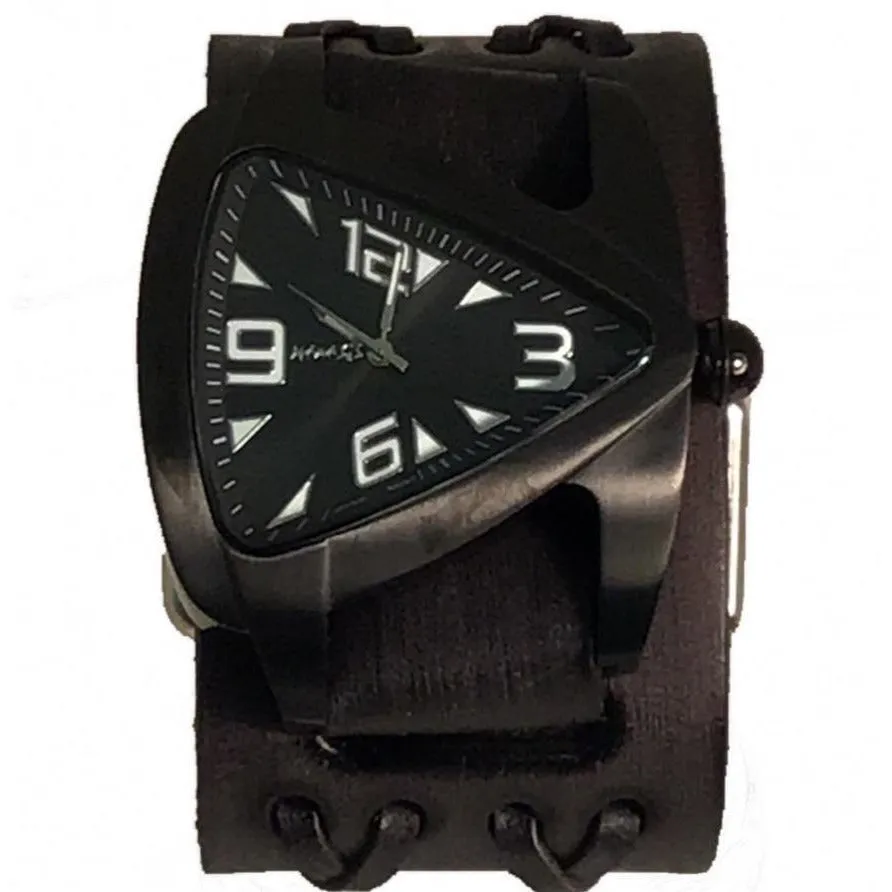 Teardrop Black Watch with Double X Distressed Black Leather Wide Cuff 