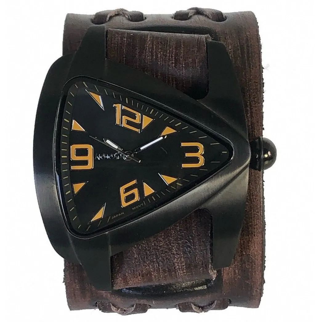 Teardrop Black Watch with Double X Distressed Dark Brown Leather Cuff 