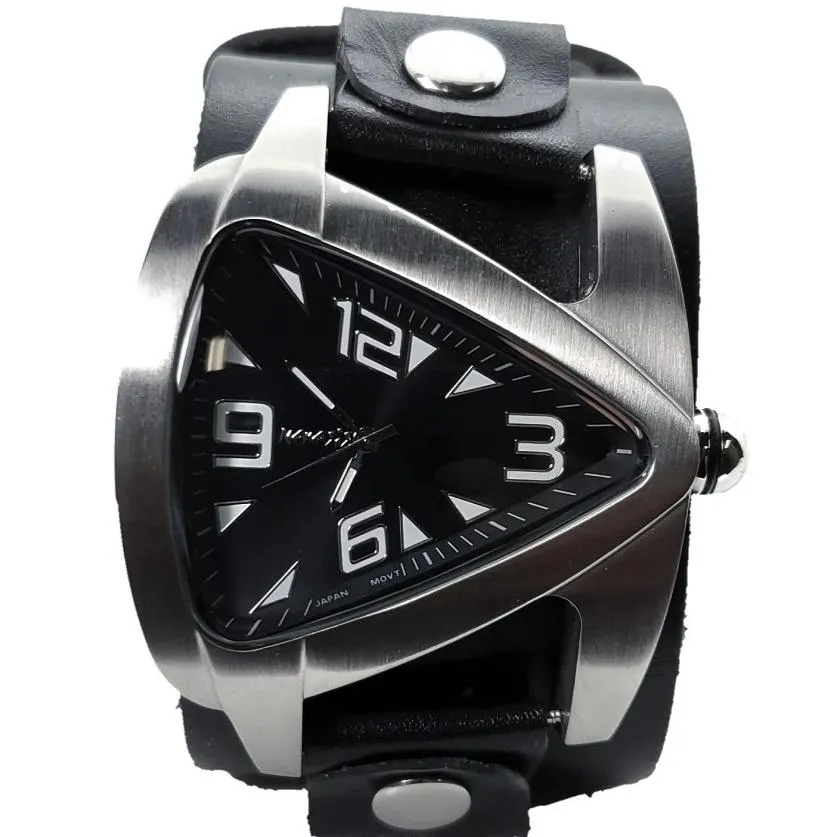 Teardrop Black Watch with Perforated Black Leather Wide Cuff 