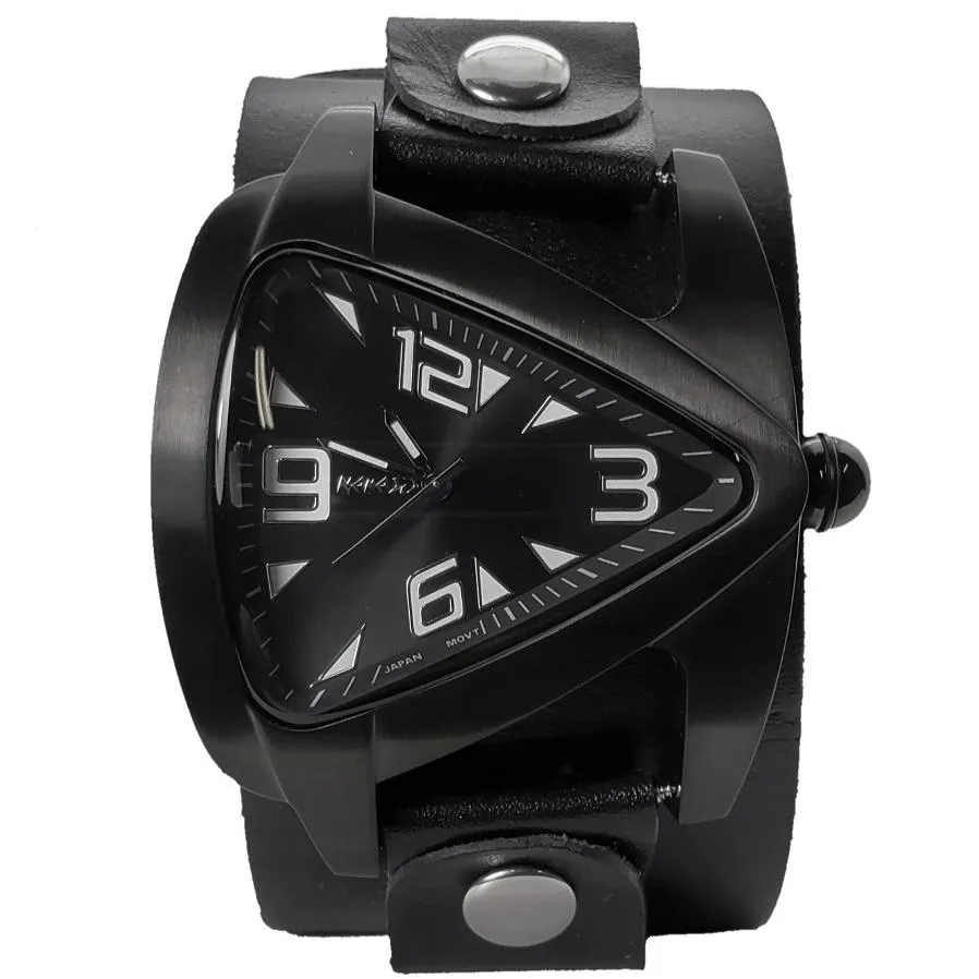 Teardrop Black Watch with Perforated Black Leather Wide Cuff 