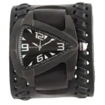 Teardrop Black Watch with Weaved Black Leather Wide Cuff 