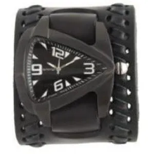 Teardrop Black Watch with Weaved Black Leather Wide Cuff 