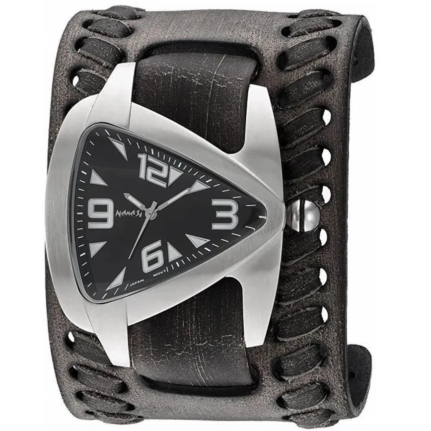 Teardrop Black Watch with Weaved Distressed Black Leather Wide Cuff 