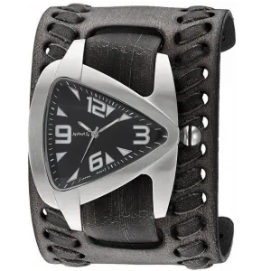 Teardrop Black Watch with Weaved Distressed Black Leather Wide Cuff 
