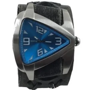 Teardrop Blue Watch with Distressed Black Leather Wide Cuff 