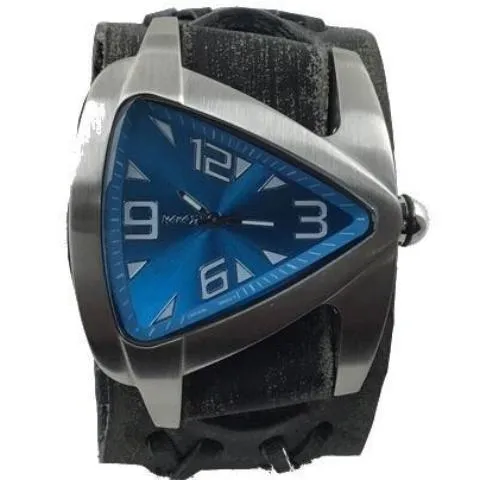 Teardrop Blue Watch with Distressed Black Leather Wide Cuff 
