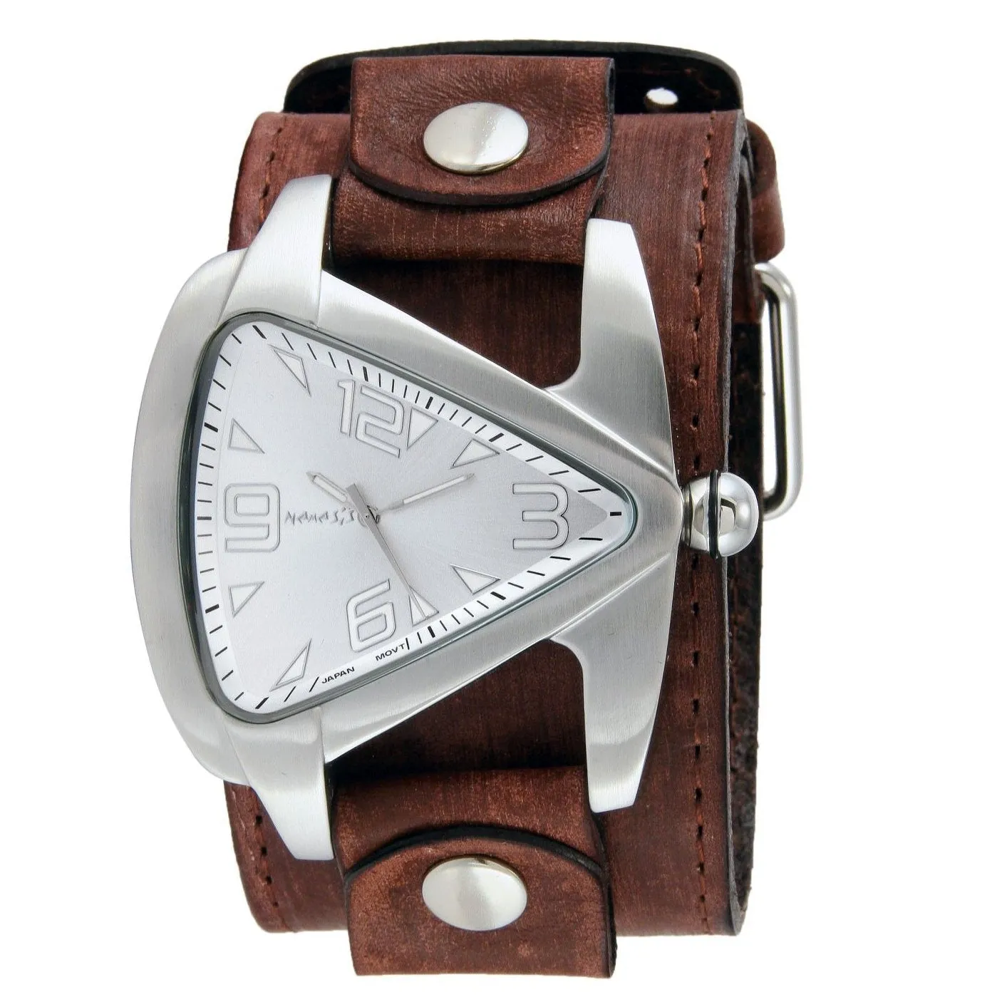 Teardrop Silver Watch with Distressed Brown Leather Wide Cuff 