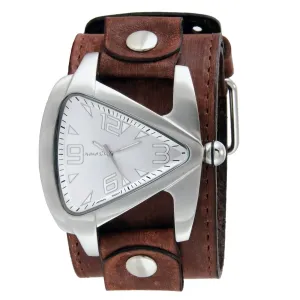 Teardrop Silver Watch with Distressed Brown Leather Wide Cuff 