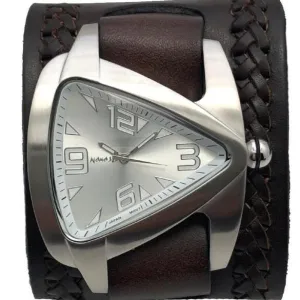 Teardrop Silver Watch with Weaved Black Leather Wide Cuff 