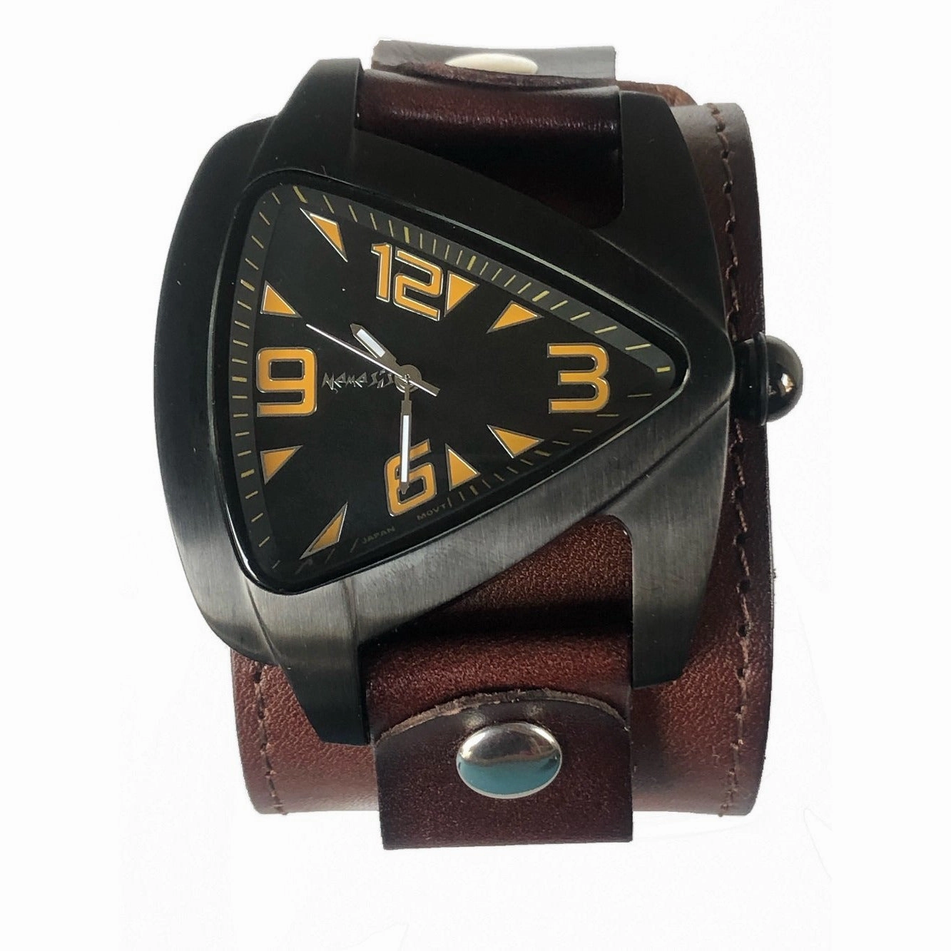 Teardrop Black Watch with Perforated Brown Leather Wide Cuff 