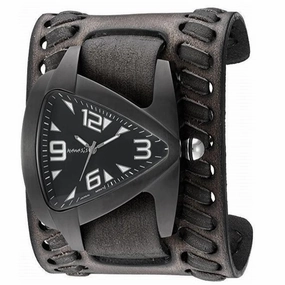 Teardrop Black Watch with Weaved Distressed Brown Leather Wide Cuff 