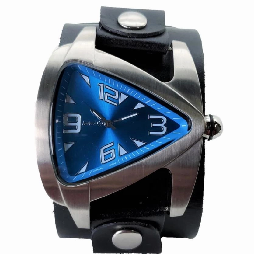 Teardrop Blue Watch with Perforated Black Leather Wide Cuff 