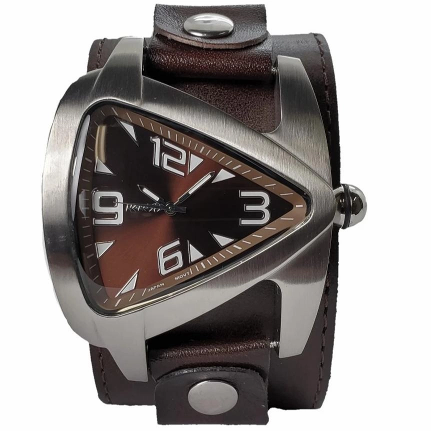 Teardrop Copper Watch with Perforated Dark Brown Leather Wide Cuff 