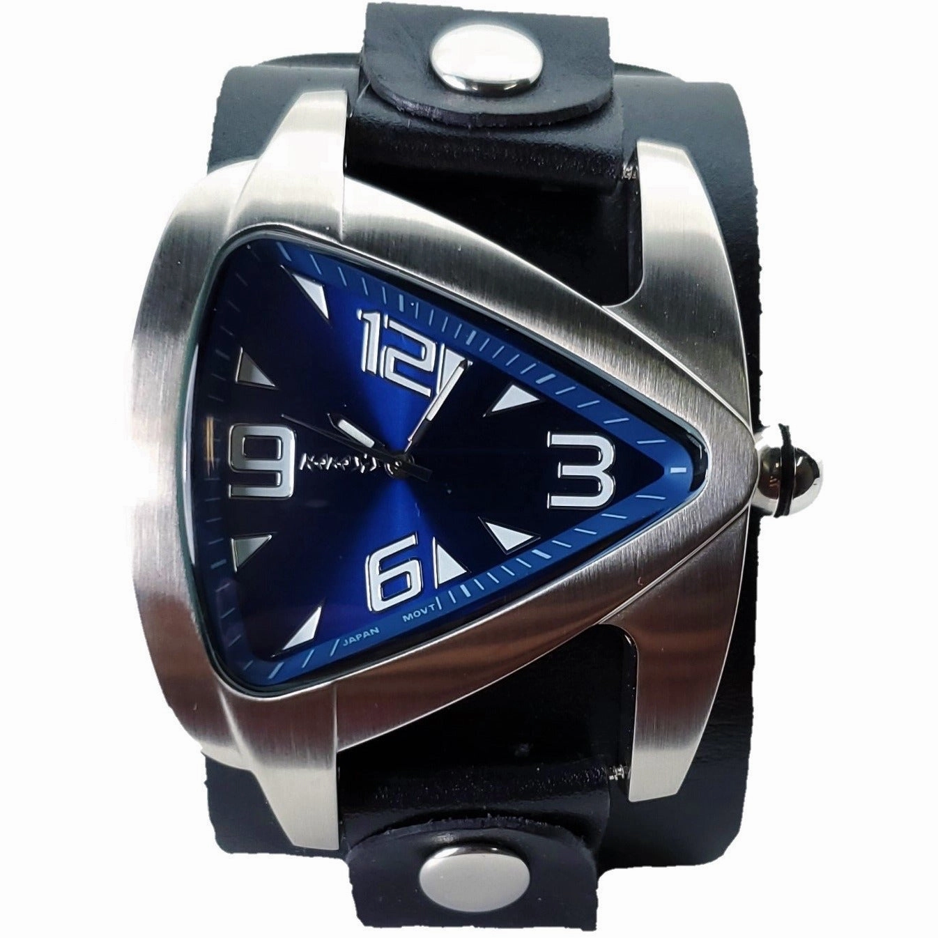 Teardrop Deep Blue Watch with Perforated Black Leather Wide Cuff 