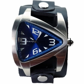 Teardrop Deep Blue Watch with Perforated Black Leather Wide Cuff 