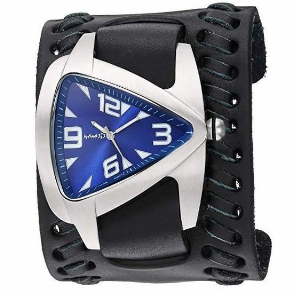 Teardrop Deep Blue Watch with Weaved Black Leather Wide Cuff 