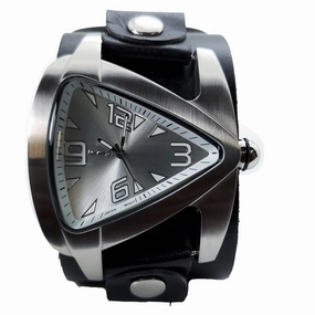 Teardrop Silver Watch with Black Leather Wide Cuff 