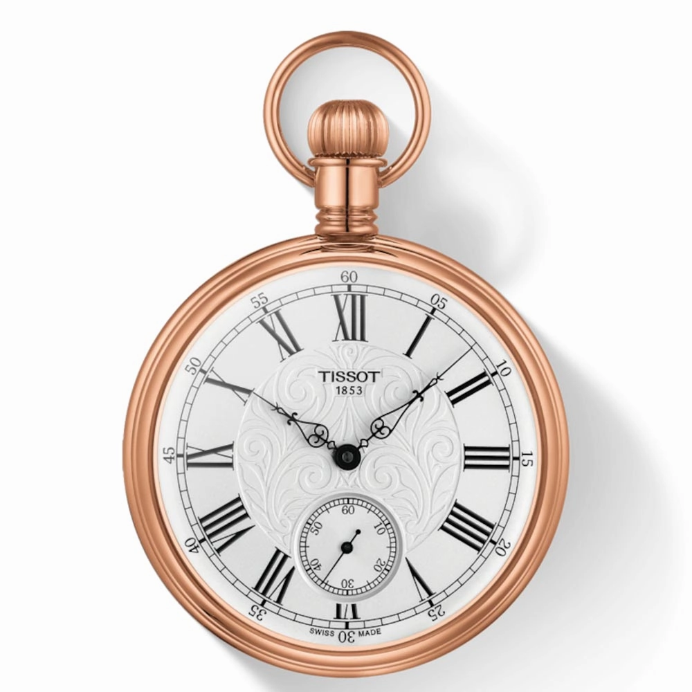 Tissot Lepine Mechanical Rose Gold Plated Brass 51mm Silver Embossed Dial Manual Wound Pocket Watch T8614059903301