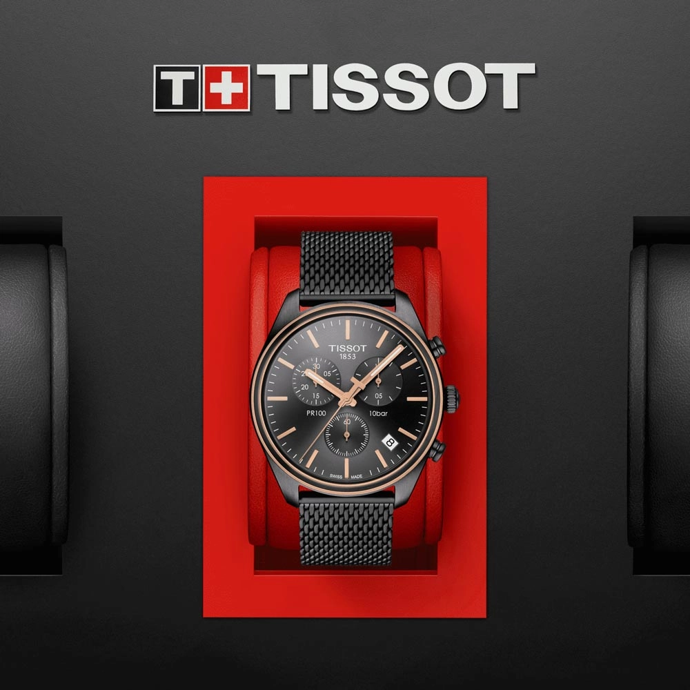 Tissot PR 100 Chronograph 41mm Anthracite Dial Gun & Rose Gold PVD Steel Gents Quartz Watch T1014172306100