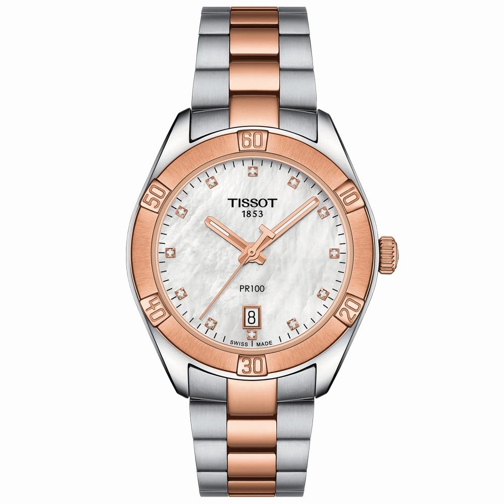 Tissot PR 100 Sport Chic 36mm MOP Diamond Dot Dial Rose Gold PVD Steel Ladies Quartz Watch T1019102211600