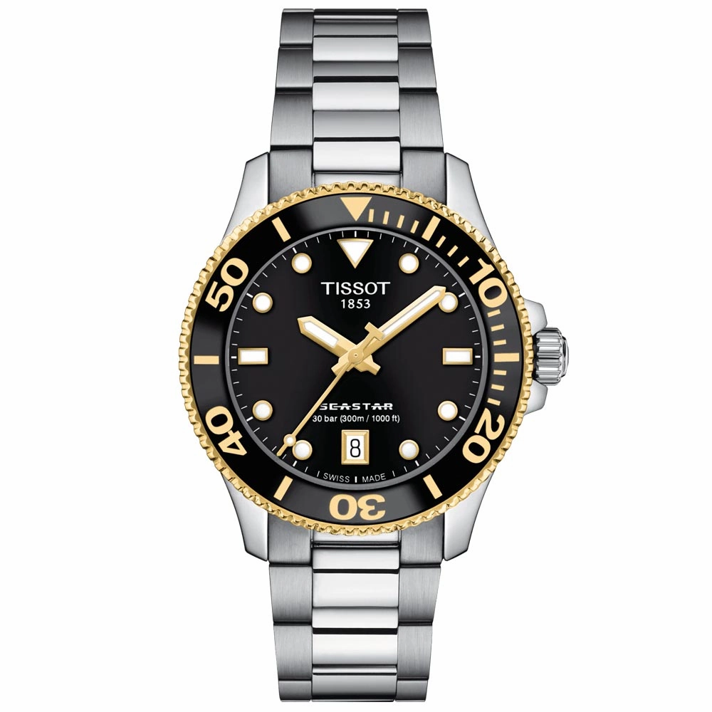 Tissot Seastar 1000 Black Dial 36mm Gold PVD Steel Quartz Watch T1202102105100