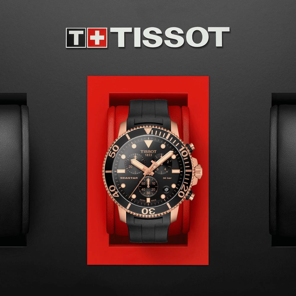 Tissot Seastar 1000 Chronograph 45.5mm Black Dial Rose Gold PVD Steel Gents Quartz Watch T1204173705100