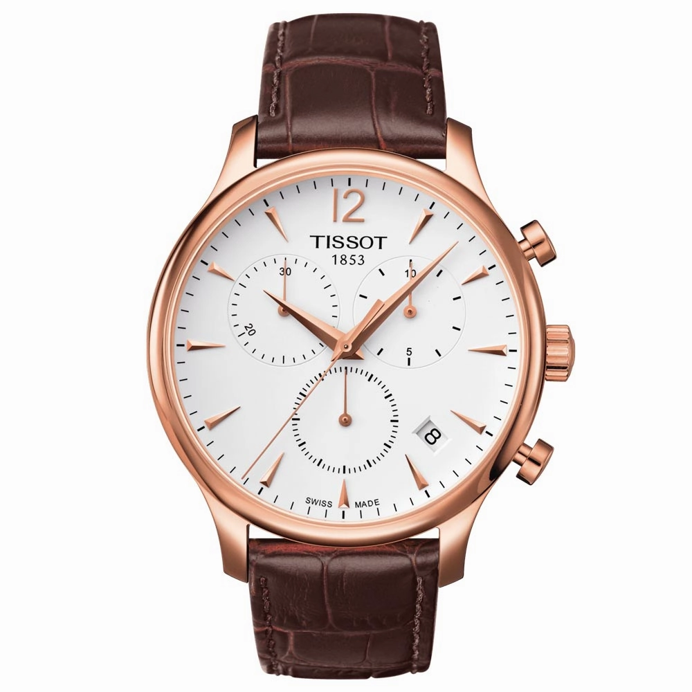 Tissot Tradition Chronograph 42mm Silver Dial Rose Gold PVD Steel Gents Quartz Watch T0636173603700