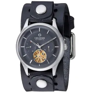 Tourbillon Day/Night Black and Silver Hand Watch with Black Leather Cuff 