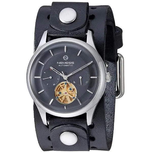 Tourbillon Day/Night Black and Silver Hand Watch with Black Leather Cuff 
