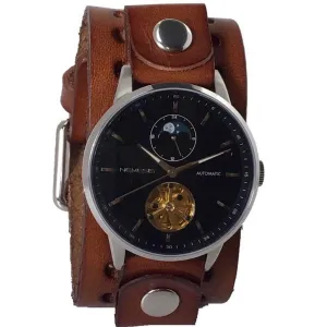 Tourbillon Day/Night Black and Silver Hand Watch with Perforated Khaki Leather Cuff 
