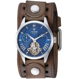 Tourbillon Day/Night Blue and Silver Hand Watch with Perforated Distressed Brown Leather Cuff 