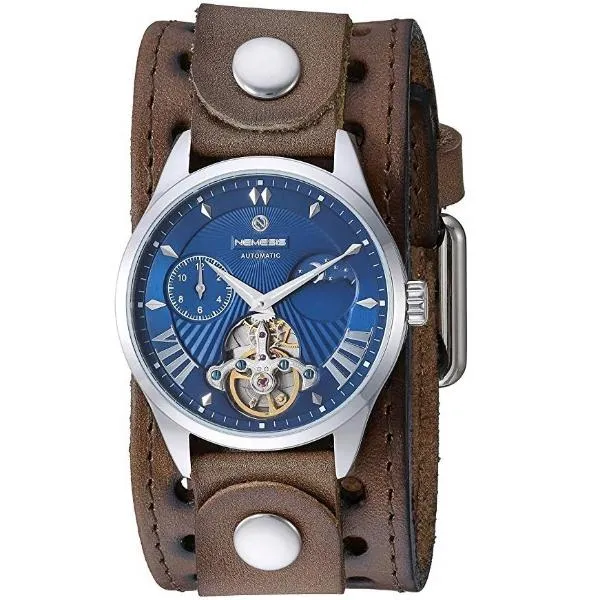 Tourbillon Day/Night Blue and Silver Hand Watch with Perforated Distressed Brown Leather Cuff 