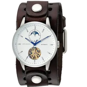 Tourbillon Day/Night White and Blue Hand Watch with Dark Brown Leather Cuff 