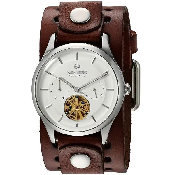 Tourbillon Day/Night White and Silver Hand Watch with Dark Brown Leather Cuff 