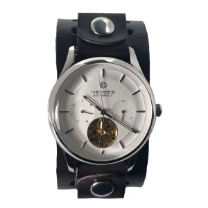 Tourbillon Day/Night White and White Hand Watch with Perforated Black Leather Cuff 