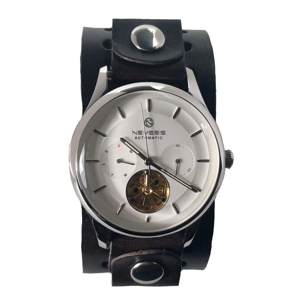 Tourbillon Day/Night White and White Hand Watch with Perforated Black Leather Cuff 
