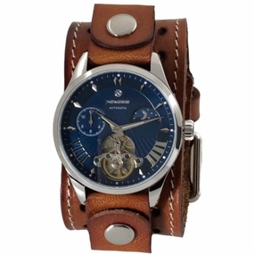 Tourbillon Day/Night Blue and Silver Hand Watch with Stitched Khaki Leather Cuff 