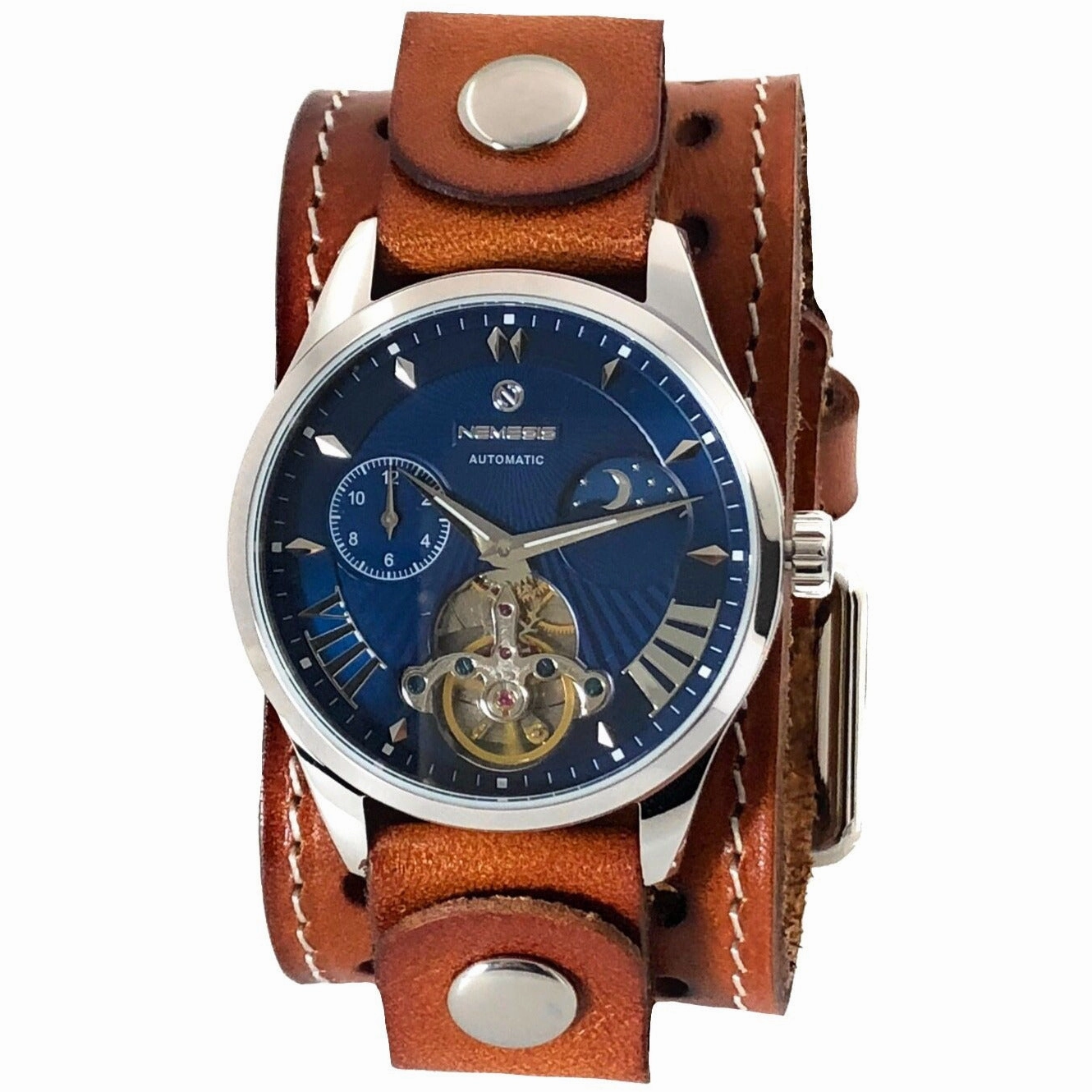 Tourbillon Day/Night Blue and Silver Hand Watch with Stitched Khaki Leather Cuff