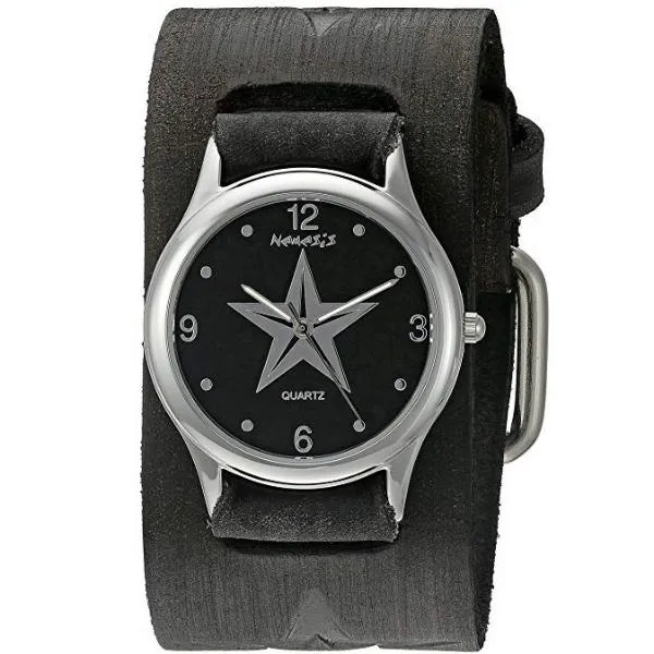 Vintage Star Black Watch with Embossed Star Distressed Black Leather Cuff 