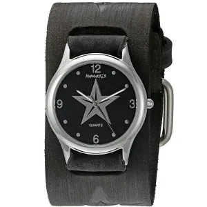 Vintage Star Black Watch with Embossed Star Distressed Black Leather Cuff 
