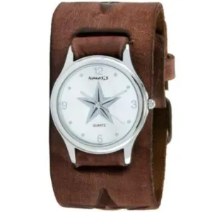 Vintage Star Silver Watch with Embossed Star Distressed Brown Leather Cuff 