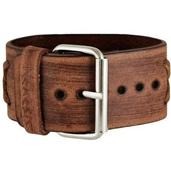 Vintage Star Silver Watch with Embossed Star Distressed Brown Leather Cuff