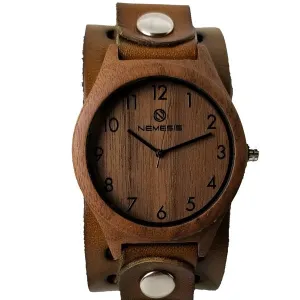 Walnut Wood Case Watch with Perforated Brown Leather Cuff 