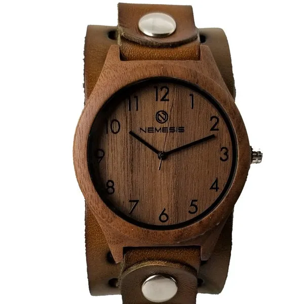 Walnut Wood Case Watch with Perforated Brown Leather Cuff 