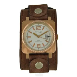 White Signature Rose Tone Watch with Faded Brown XL Stitch Leather Cuff Band FBLBB062S 