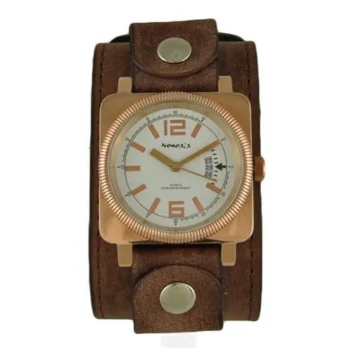 White Signature Rose Tone Watch with Faded Brown XL Stitch Leather Cuff Band FBLBB062S 